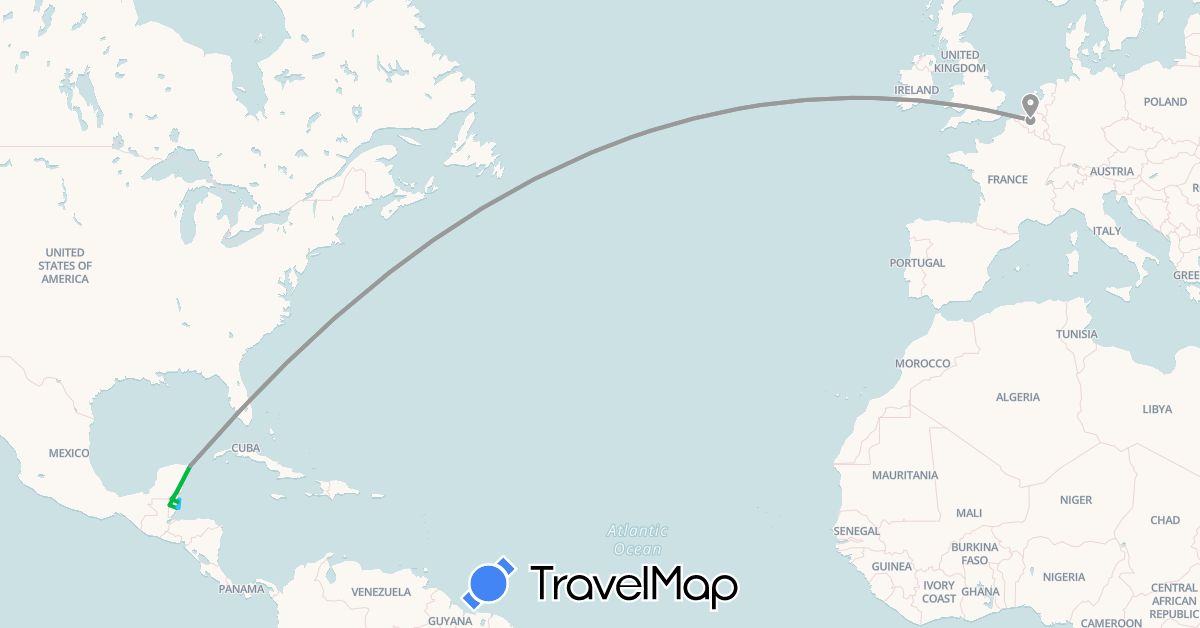 TravelMap itinerary: bus, plane, boat in Belgium, Belize, Mexico (Europe, North America)
